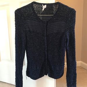 Soft navy blue snap up cardigan from Chico’s